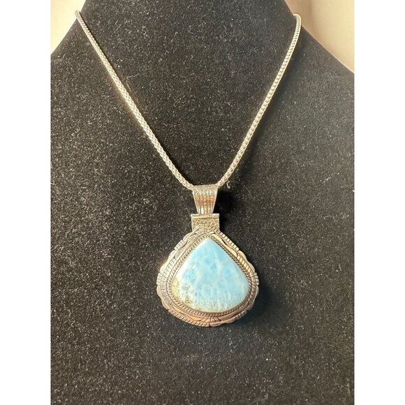 Sterling Silver and Larimar Pendant on Sterling 17 inch Chain 37 grams - Picture 1 of 7